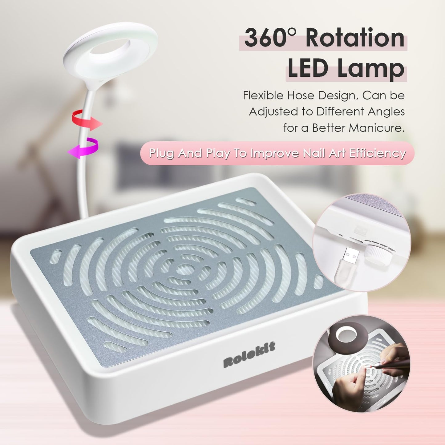 Nail Dust Collector with Lamp&50pcs Disposable Filter&Dusting Brush, Electric Nail Vacuum Cleaner Dust Fan Suction Machine for Manicure Acrylic Gel Nails Polishing, Low Noise,Salon Home