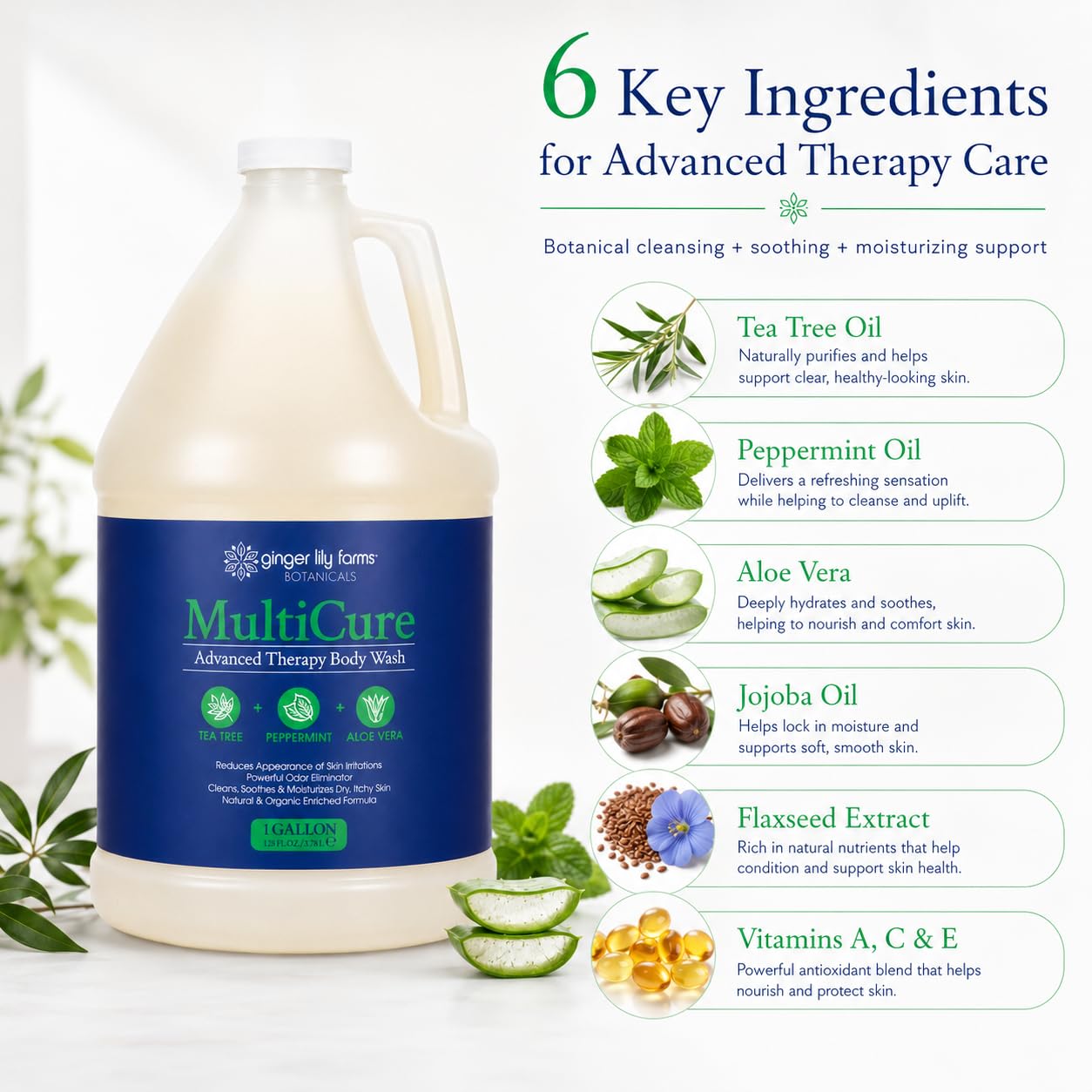 Ginger Lily Farms Botanicals MultiCure Advanced Therapy Body Wash with Tea Tree Oil, Peppermint and Aloe Vera, 100% Vegan & Cruelty-Free, 1 Gallon (128 fl oz) Refill