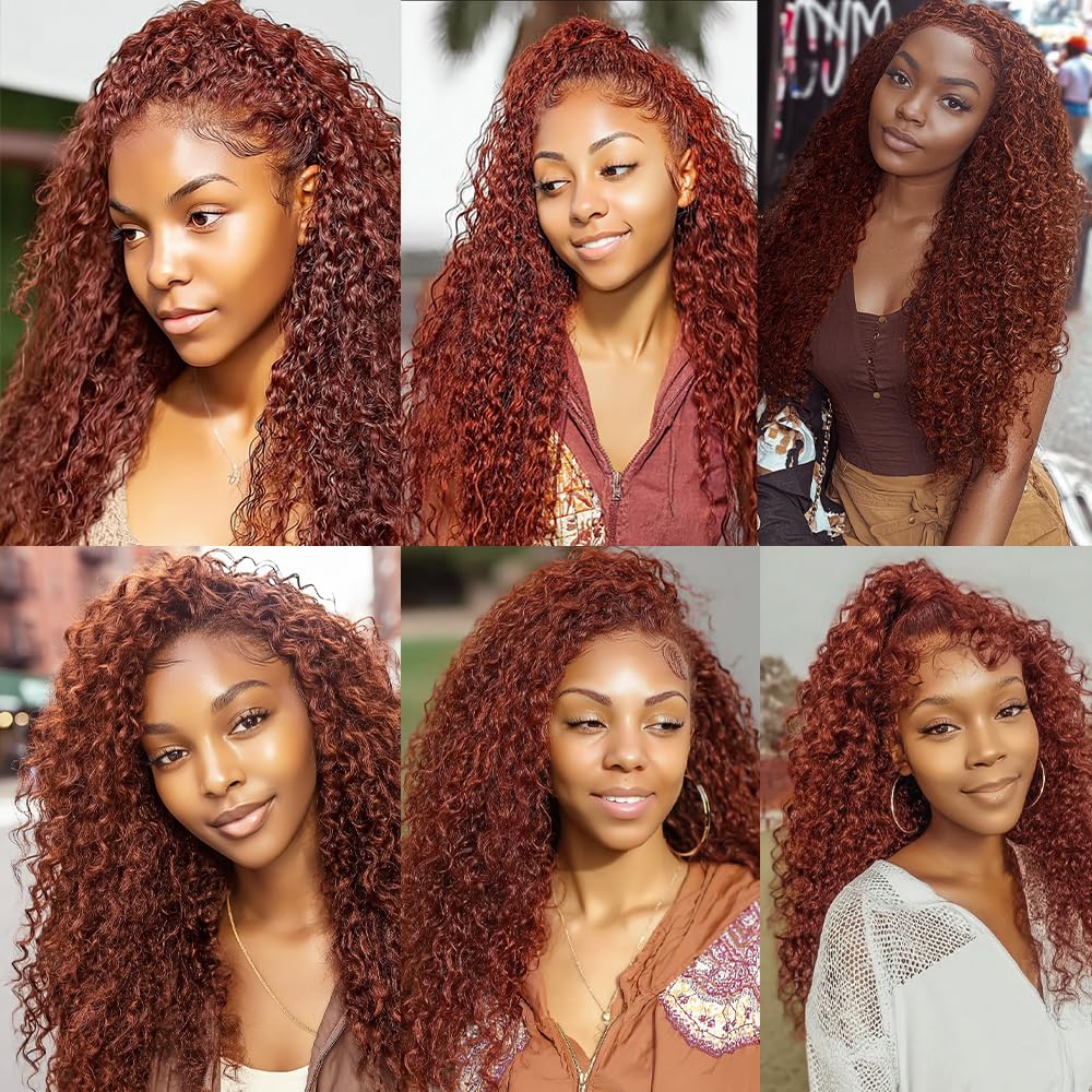 QEUOPE Auburn Kinkycurly Bundles Human Hair Color 33 Reddish Brown Deep Curly Wet and Wavy Bundles Double Weft Brazilian Hair Extensions Silky and Soft for Women (8 10 12 inch 3 Bundles)