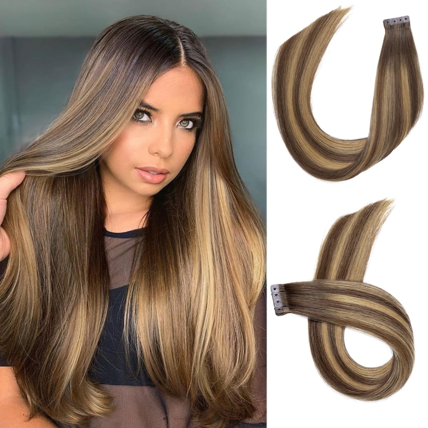 WIGER No Glue No Clips Highlighted Brown Straight Human Hair Extensions Ombre Brown Mixed Blonde Micro Bead Extensions Insert Skin Weft 18 In Balayage Remy Hair Extensions(40g, 20 Pcs)