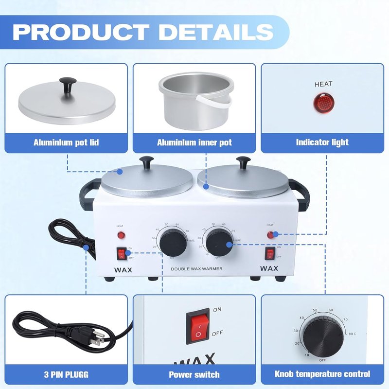 Double Wax Warmer - Professional Hair Removal Wax Heater with Adjustable Temperature | 200 Wax Sticks Included