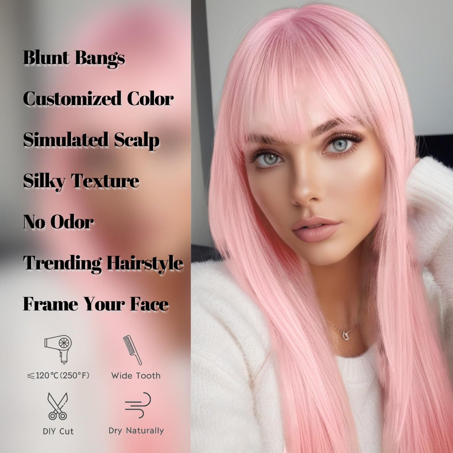 FANCEE Pastel Pink Wig with Bangs Long Straight Wig with Blunt Bangs for Women 26 Inch Synthetic Sakura False Hair Pink Wig with Layered Ends for Cosplay Halloween Party Daily Use