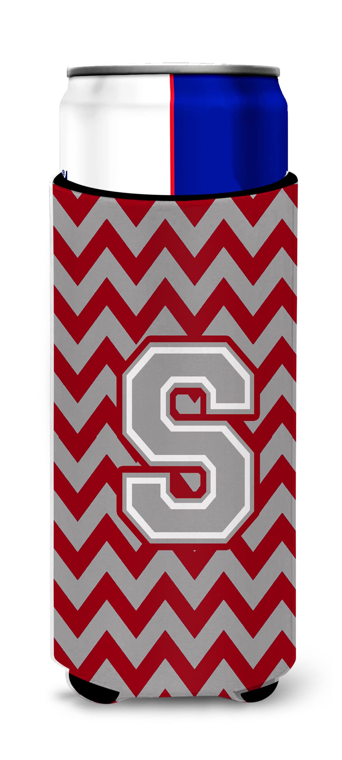 Letter S Chevron Crimson and Grey Ultra Beverage Insulators for slim cans