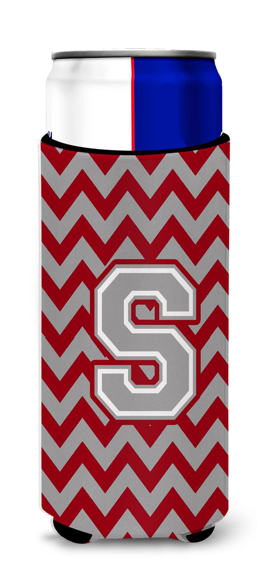 Letter S Chevron Crimson and Grey Ultra Beverage Insulators for slim cans