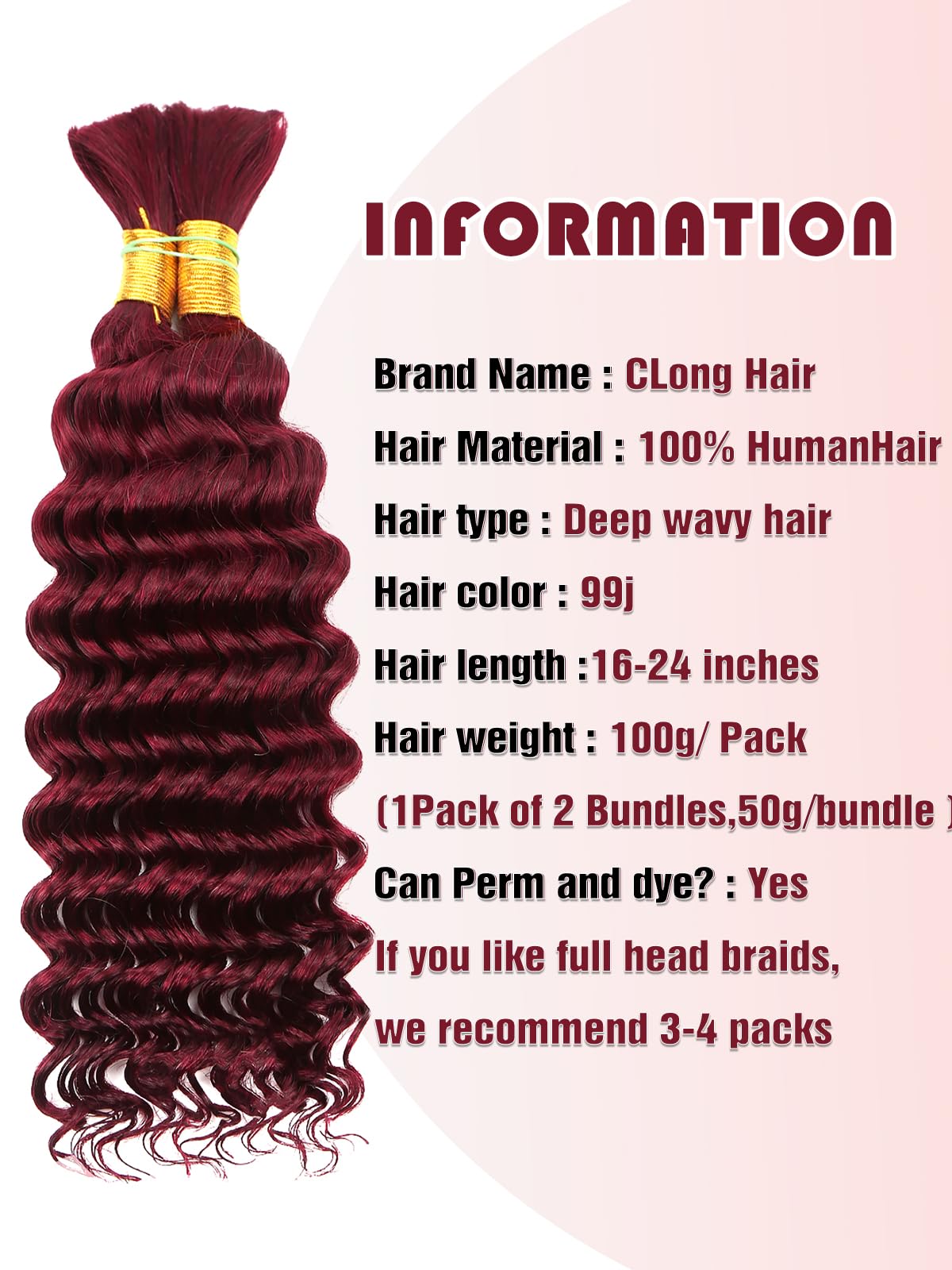 99J Burgundy Human Braiding Hair Deep Wave Bulk, No Weft Curly Braiding Hair Extensions for Boho Braids Wet and Wavy Braiding Human Hair Bundles(14inch,99j,100g)