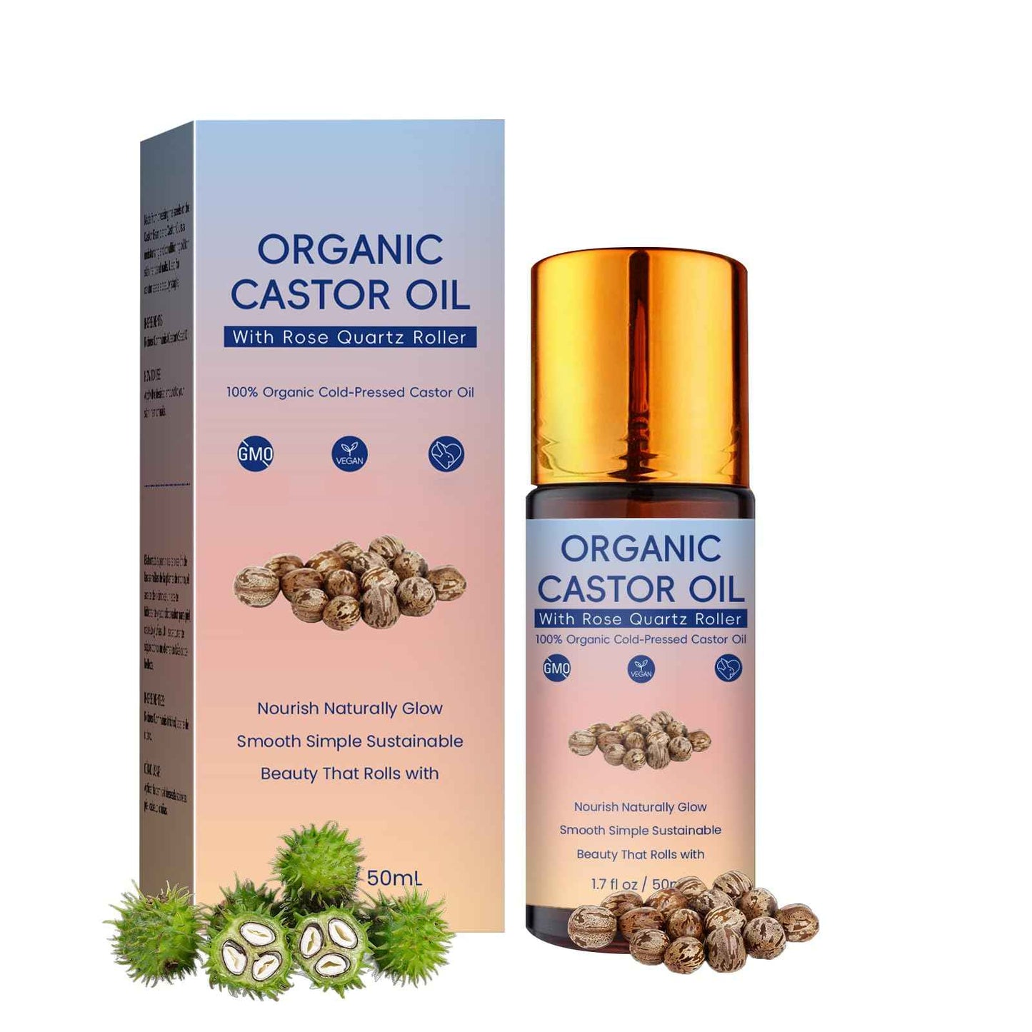 LkknQget Organic Castor Oil with Rose Quartz Roller,100% Pure Cold-Pressed Organic Castor Oil Roller Ball,Face & Skin Moisturizing, Reducing Dark Circles,Nail and Cuticle (1PCS, 1)