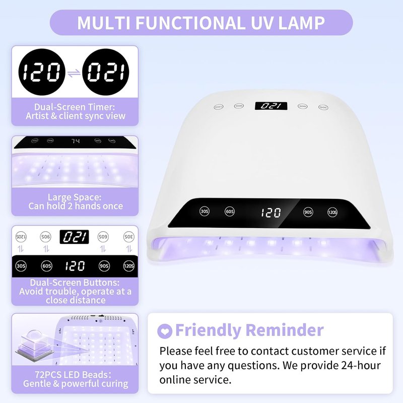 UV LED Nail Lamp - 320W Dual-Screen Gel Nail Dryer | Eye-Safe Flash Cure, 4 Timers, 72 Beads