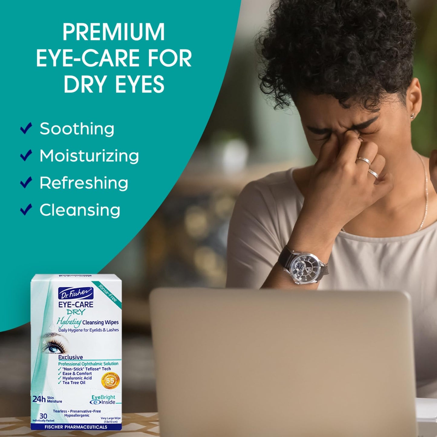 DR. FISCHER Eye-Care Dry, Hydrating Cleansing Wipes-Gentle Eye Wipes for Everyday Eye Cleansing and Hypoallergenic Makeup Remover (60 Wipes)