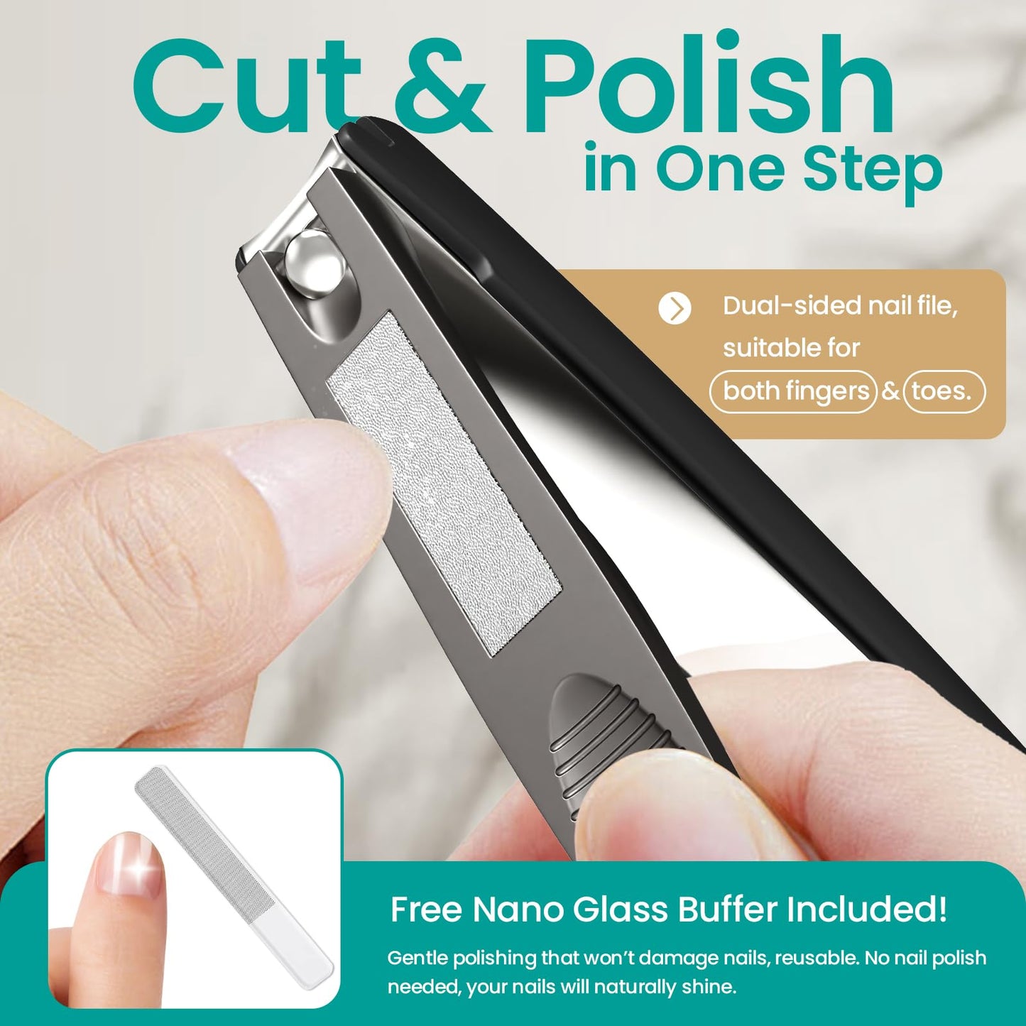 THRAU Anti-Splash Nail Clippers, Stainless Steel Toenail and Fingernail Clipper for Men & Women, Sharp Nail Cutter for Thick Nails, Gifted with Nano Glass Nail File (Large)