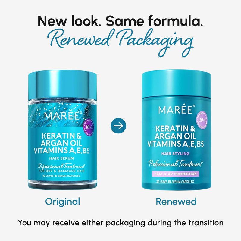 MAREE Hair Serum for Frizzy Dry Hair 2 PACK – Styling Capsules with Keratin, Argan Oil, Vitamins A E B5 – UV & Heat Protectant Frizz Control Serum for Women – Aceite Para el Cabello