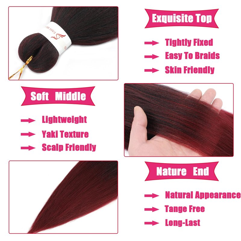 Ombre Burgundy Braiding Hair Pre stretched 8 Packs 18 Inch Kanekalon Yaki Texture Pre stretched Hair For Braiding Professional Synthetic Hair Extension Itch Free Hot Water Setting(18", T1B/900#)
