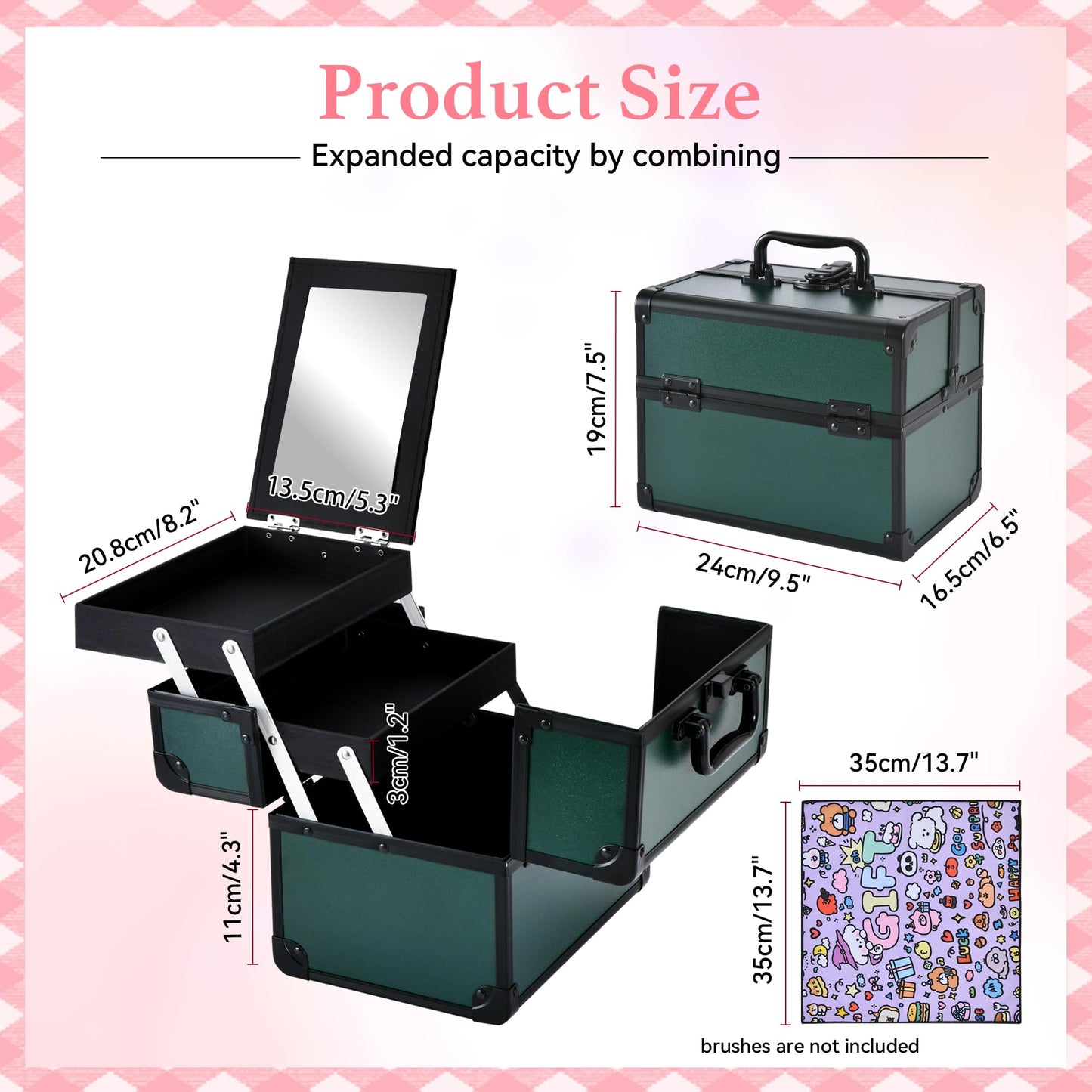 GALHUBIS Makeup Train Case, Portable Makeup Case with Mirror, 2-Trays Cosmetic Organizer Case,Nail Polish Organizer, Travel Makeup Box, Profesional for Salon Barber, Green