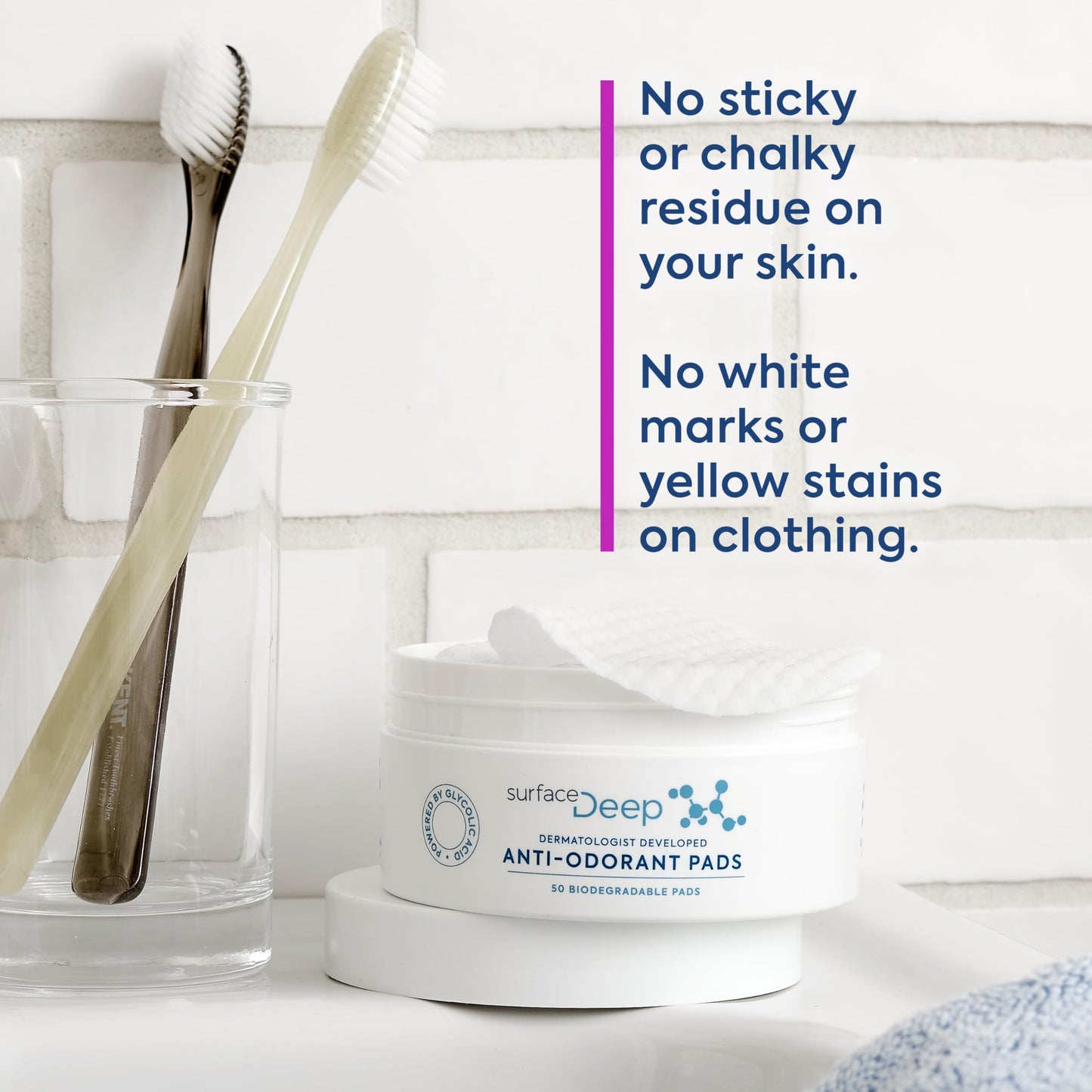 Surface Deep Anti-Odorant Pads – Deodorant Odor Prevention & Skin Care in One | 50 Pads in Jar | Dermatologist-Developed | Glycolic Acid Exfoliation | Aluminum-Free, Vegan & Cruelty-Free
