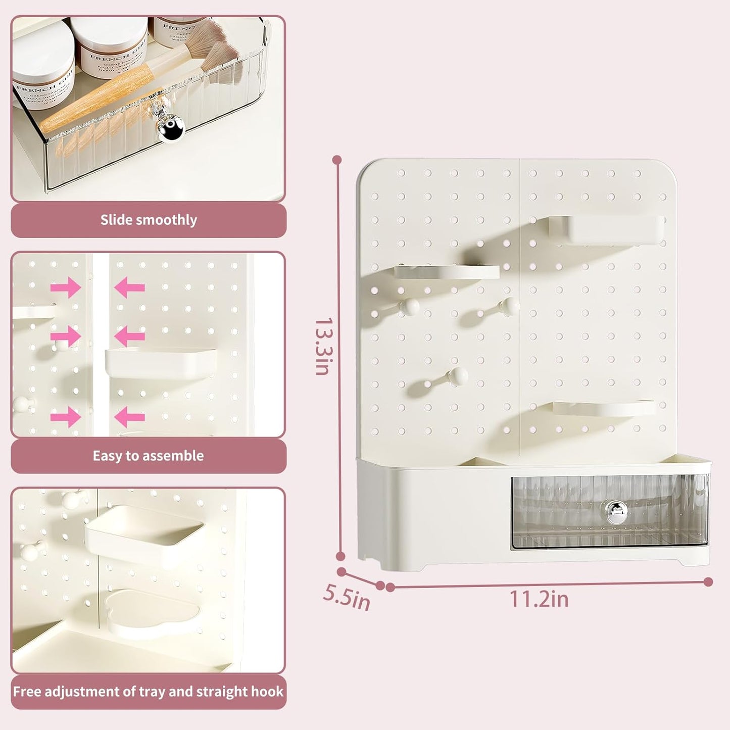 Makeup Organizer - Aesthetic Cosmetic Storage Rack with Adjustable Shelves & Drawer | Cream White