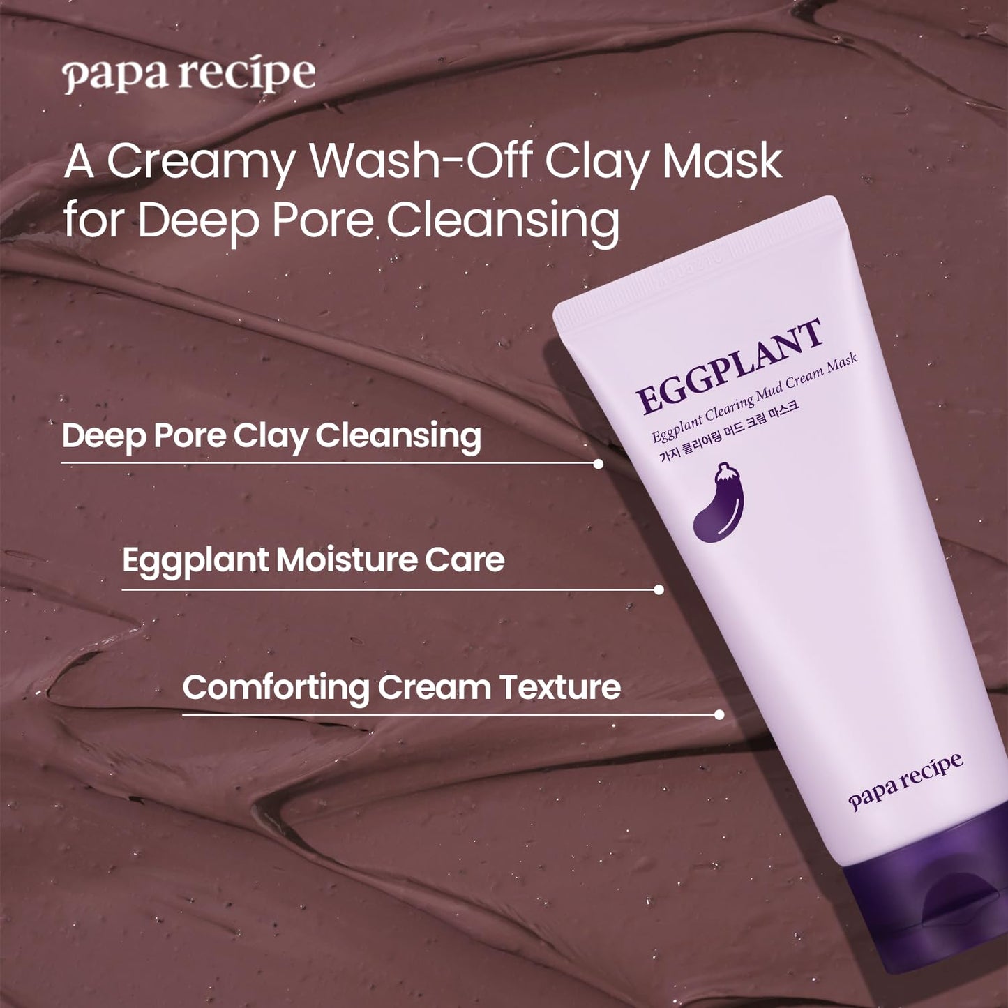 Papa Recipe Eggplant Clearing Mud Cream Mask – Bentonite & Kaolin Clay Face Mask, Deep Pore Purifying, Balancing & Hydrating Skin, Gentle Exfoliating Korean Mud Mask for Sensitive & Acne-Prone Skin