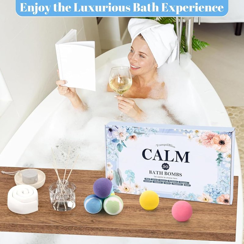TranquilBliss Bath Bombs Set - 50 PCS Natural Bubble Bombs with Shea Butter | 10 Rich Scents for Women