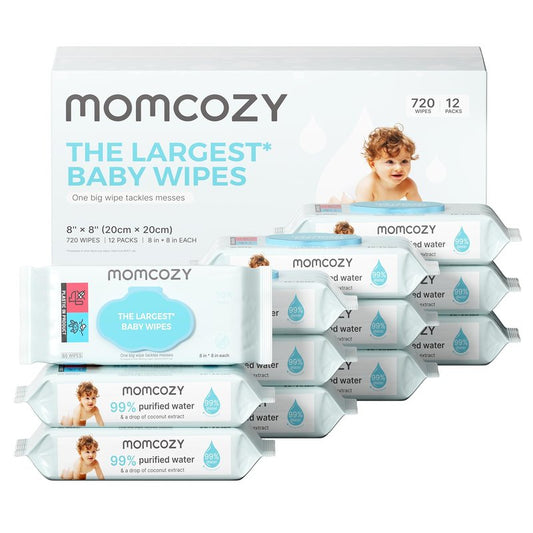 Momcozy Baby Wipes Plus Wipes –Size, Thickness, Moisture, Softness & Scenario Plus, 99% Water-Based Wet Wipes, Unscented & Hypoallergenic, Gentle for Sensitive Skin, 720 Count (12 Packs)