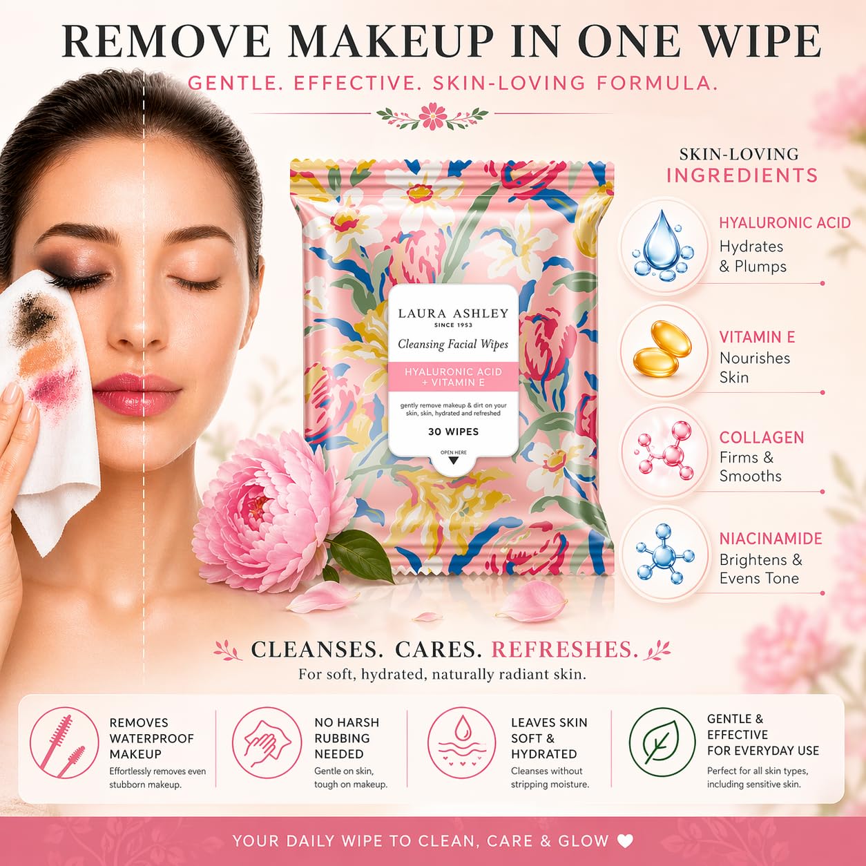Laura Ashley 4 Pack Face Wipes for Women - Cleansing Makeup Remover Wipes with Vitamin C, Retinol, Hyaluronic Acid - 120 Pcs