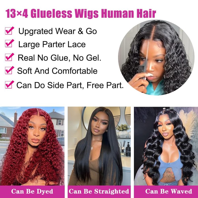 PXTPXT Glueless Wigs Human Hair Pre Plucked Pre Cut Wear and Go Glueless Wig 13x4 HD Deep Wave Lace Front Wigs Human Hair for Black Women Frontal Wigs with Natural Hairline 180% Density 12 Inch