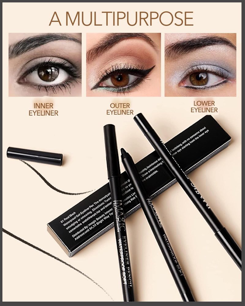 Black Waterproof Gel Eyeliner Pencil Set - Smudge-Proof & Fade-Proof | Perfect for Cat Eye & Smoky Eye Looks