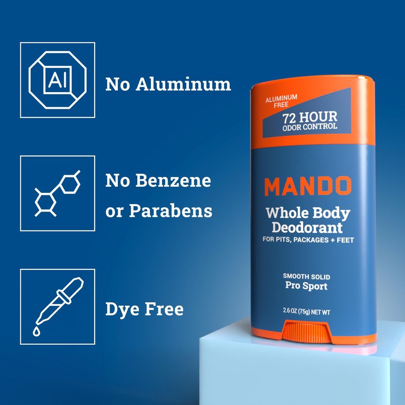 Mando Whole Body Starter Kit - 2.6oz Solid Stick, 3.6oz Spray, 1.5oz Acidified Body Wash, 5oz Acidified Cleansing Bar, 15ct Deodorant Wipes - Aluminum Free Odor Control - 5 Piece Bundle (Pro Sport)