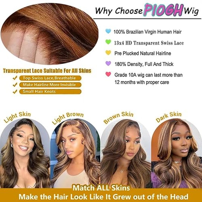 Highlight Ombre Lace Front Human Hair Wig - Pre-Plucked Body Wave 4/27 Colored Honey Blonde - 13x4 HD Lace Frontal 180 Density Glueless for Women - 24 Inch