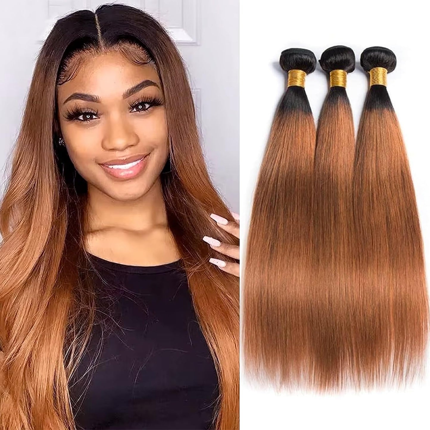 Light Brown Straight Bundles Human Hair T1B/30 Ombre Bundles Double Weft Brazilian Human Hair Sew-In Weave Extensions 10 12 14 Inch（Black Ombre Light Brown）