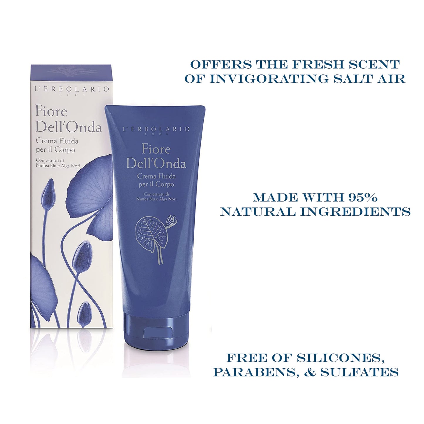 L’Erbolario Fiore Dell’Onda Fluid Body Cream - Dry Skin Moisturizing Cream with Vitamin E - Seaweed and Water Lily - Fresh, Marine Fragrance - 6.7 oz