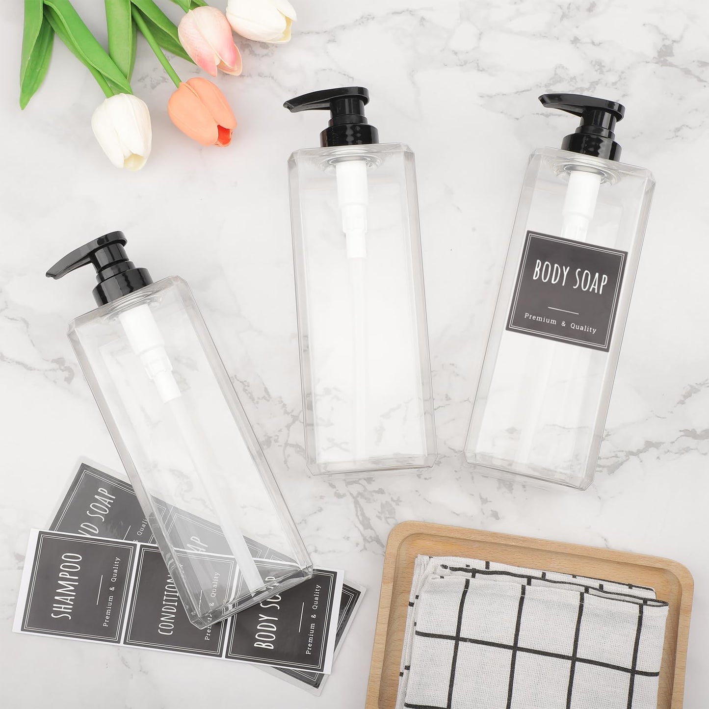 Segbeauty 33.8oz Shampoo and Conditioner Dispenser, 3pcs Square Empty Plastic Bottles with Labels, 1000ml Large Square Hand Soap Dispenser for Bathroom, Body Wash Container Pump Bottle Refillable