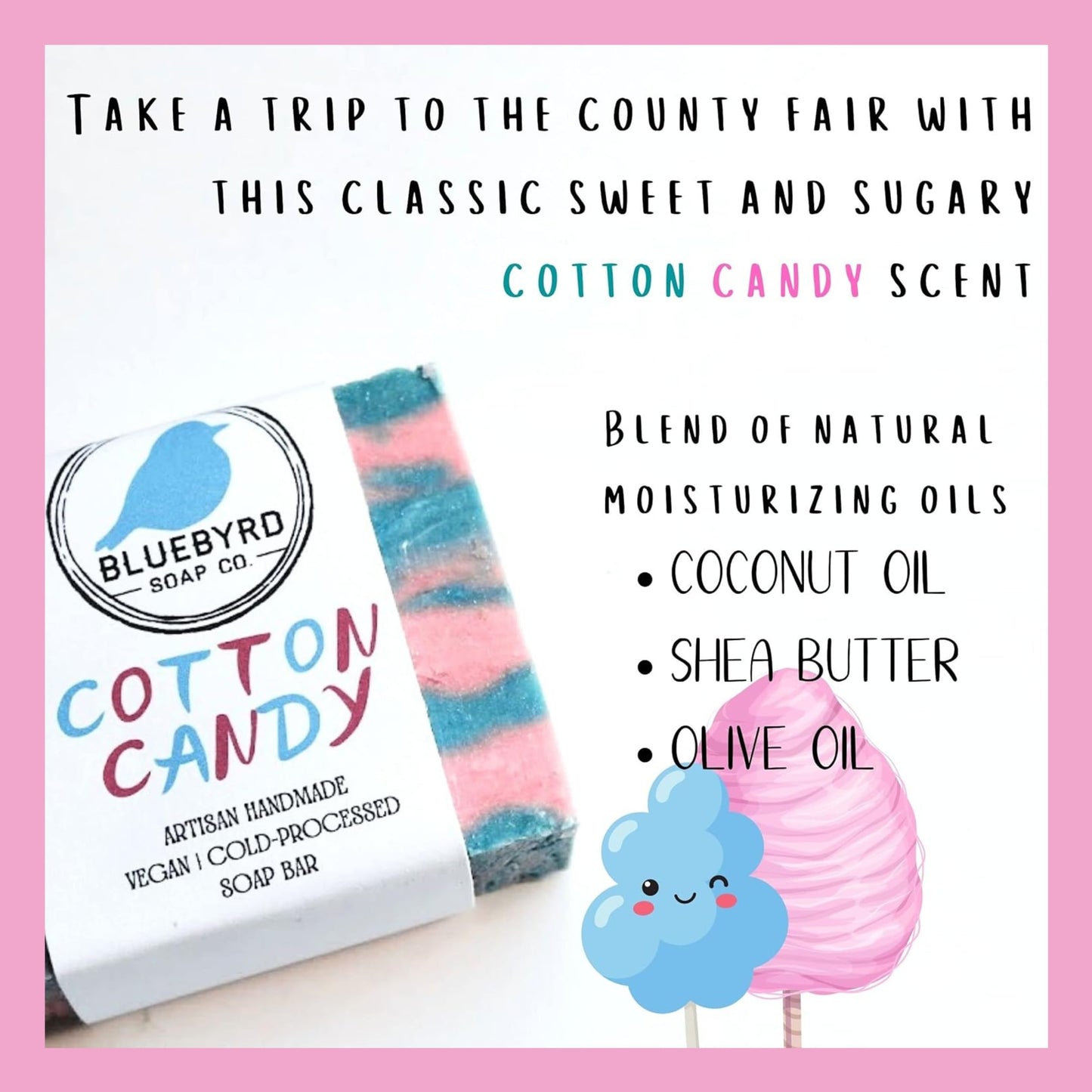 Bluebyrd Soap Co. Natural Kids Soap Bars Variety Pack – 4 Fun Scents: Cotton Candy, Pear Berry, Sea Salt, Watermelon Lemonade – Organic Handmade Teen & Kids Soap Gift Set – USA Made
