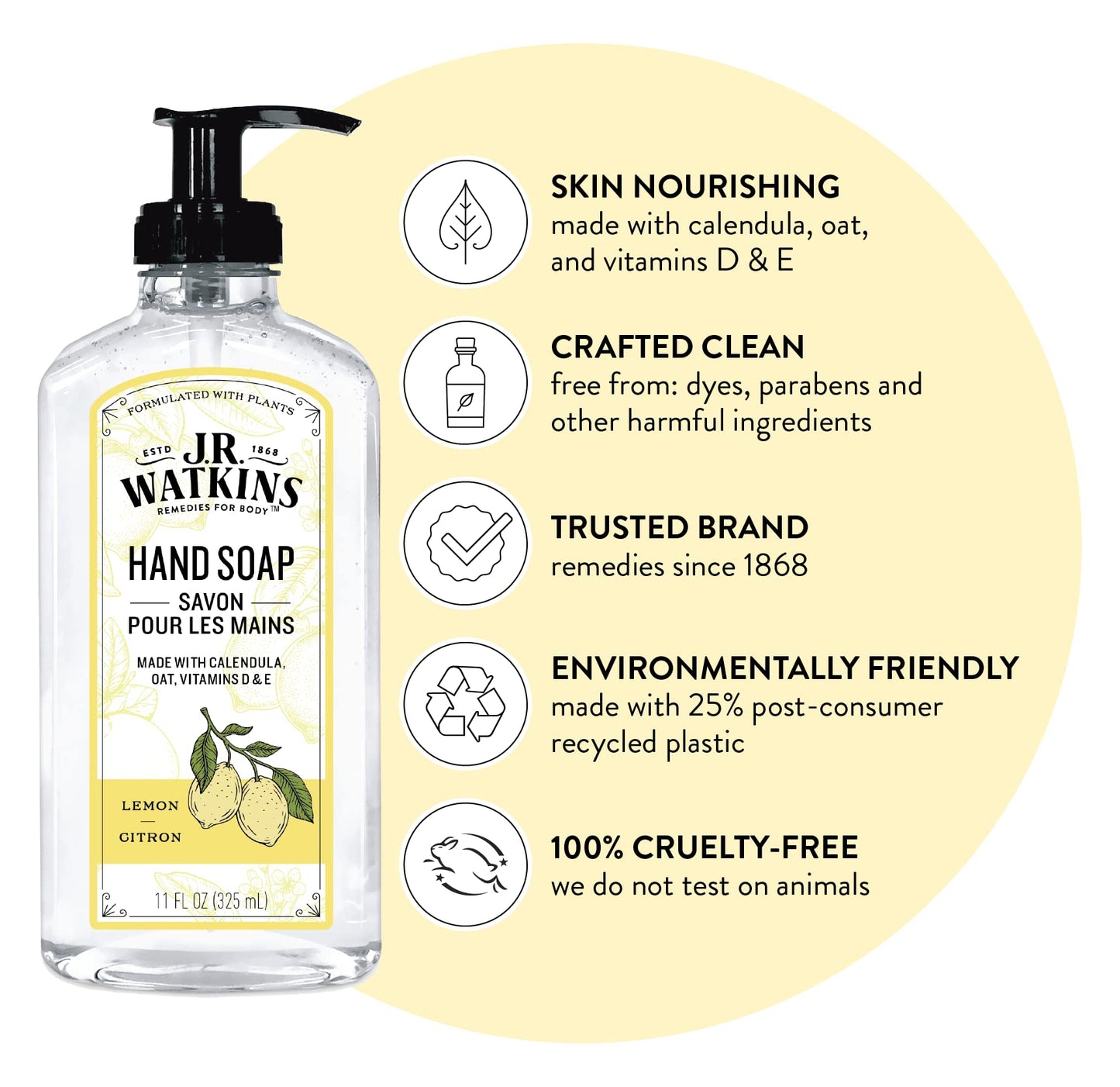 J.R. Watkins Gel Hand Soap, Scented Liquid Hand Wash for Bathroom or Kitchen, USA Made and Cruelty Free, 11 fl oz, Lemon, 6 Pack