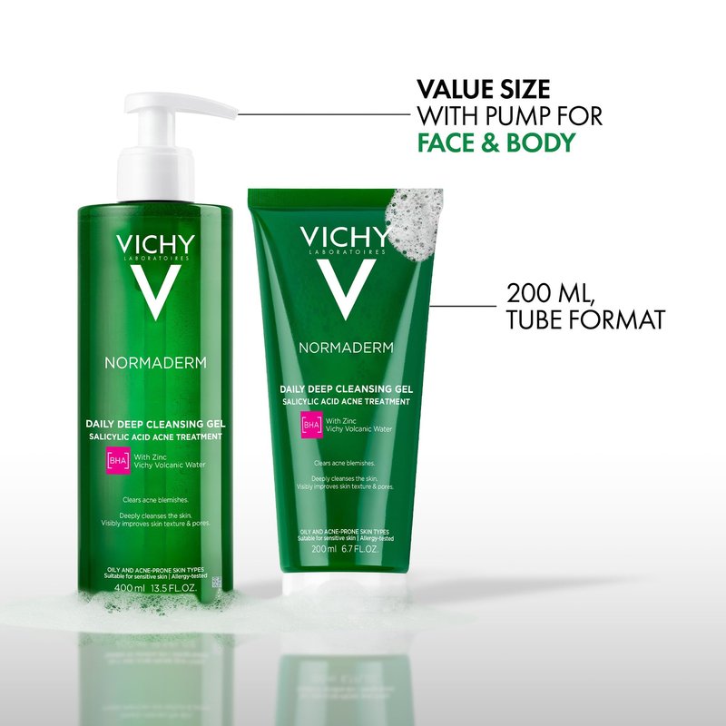 VICHY Normaderm Daily Acne Face Wash, 0.5% Salicylic Acid Cleanser, Gel Cleanser For Oily Skin, Removes Excess Oil, Dirt & Clogged Pores, Oil Free Acne Wash, Soap & Sulfate Free, Non-Drying