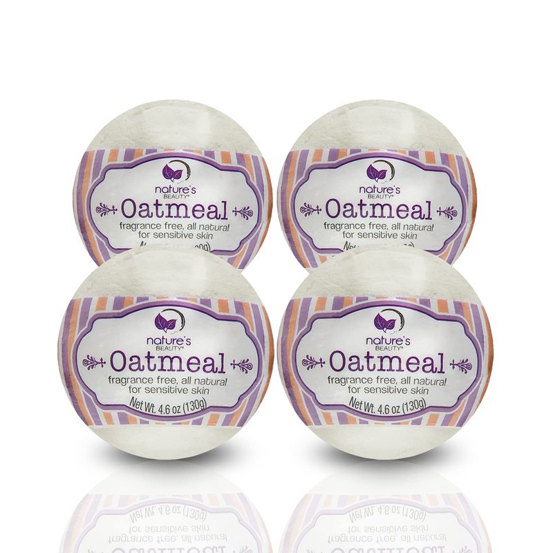 Nature's Beauty Oatmeal Fragrance-Free Bath Bomb Multi-Pack - Natural Hand Crafted, Non-Staining, Luxury Fizzy Spa Bomb, Sooth Dry + Itchy Skin Made w/Almond + Coconut Oil, 4.6 oz (4 Pack)