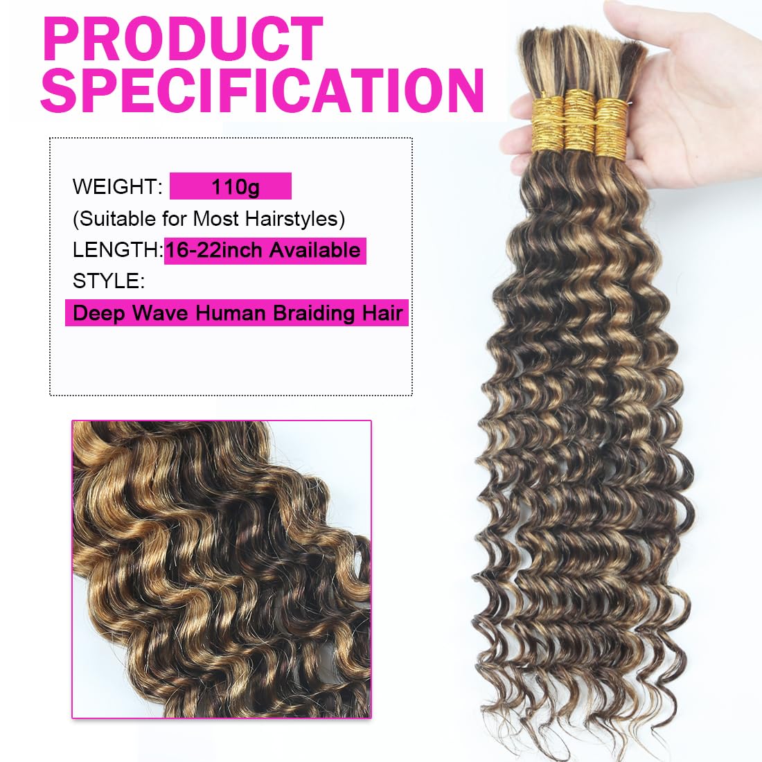 Human Braiding Hair for Boho Braids 110g 18 Inch Highlight Brown Curly Boho Hair for Braiding No Weft Bohemian 3 Bundles Knotless 12A Deep Wave Bulk Wet and Wavy Human Braids Extensions P4/30#
