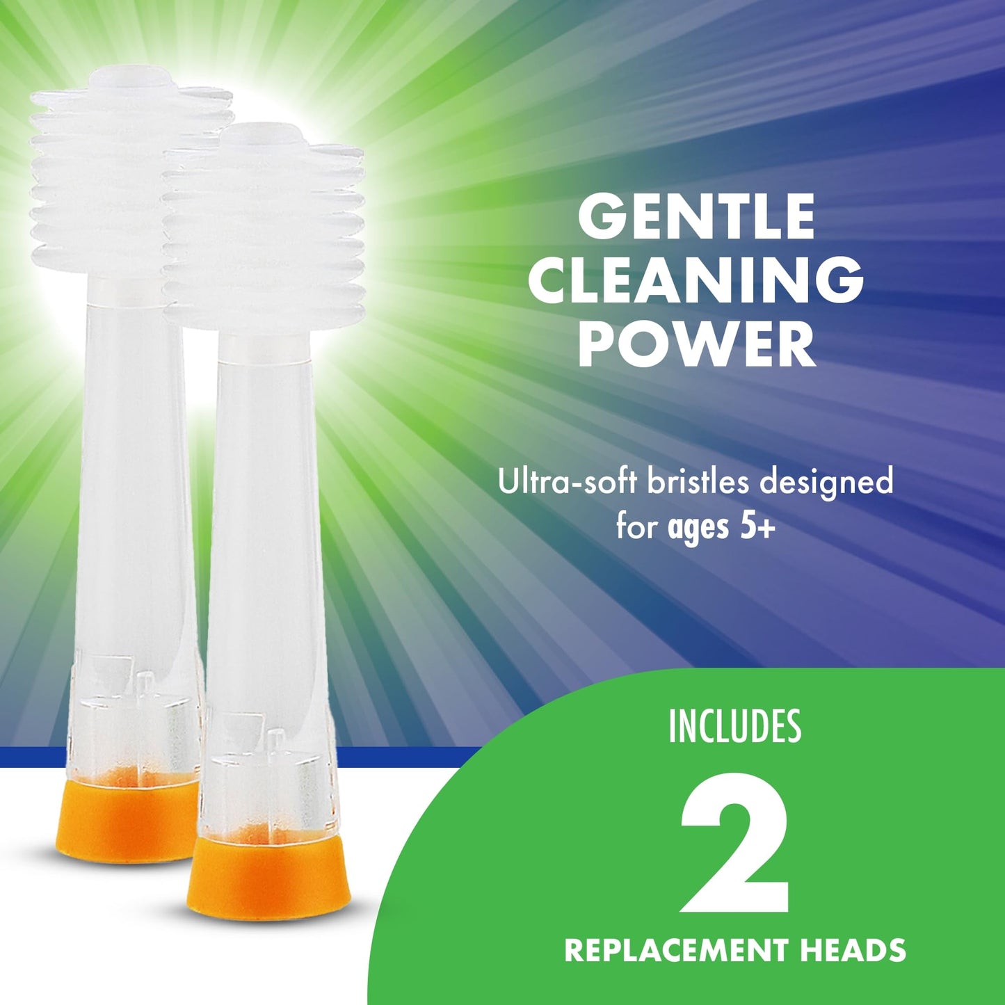 Brilliant Oral Care Kids Sonic Toothbrush Soft Replacement Heads, for Children Ages 5+, Orange, 2 Pack
