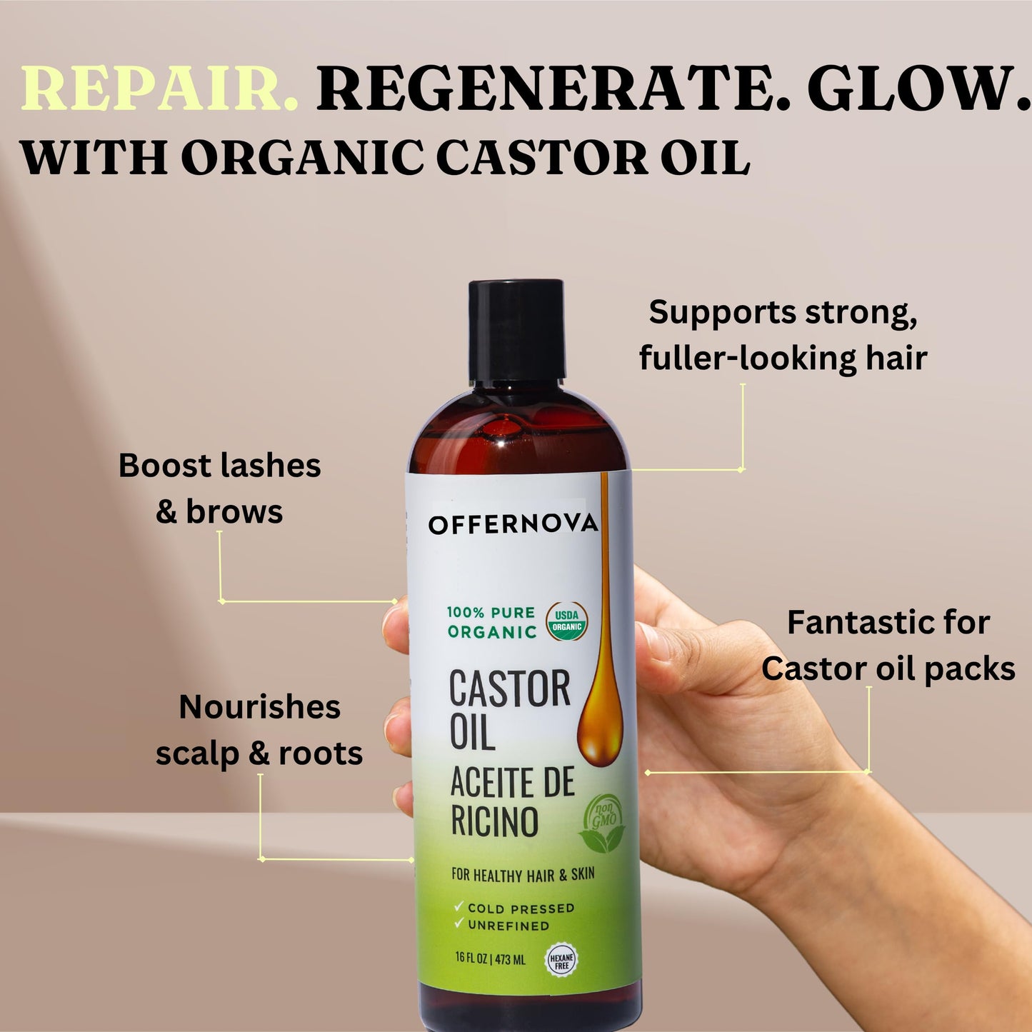 Offernova Castor Oil 16 OZ- Aceite de Ricino - Cold Pressed 100% Pure, Certified Organic, Hexane Free for Eyelashes, Eyebrows, Frizzy, Hair Growth Women and Men, Beard Growth