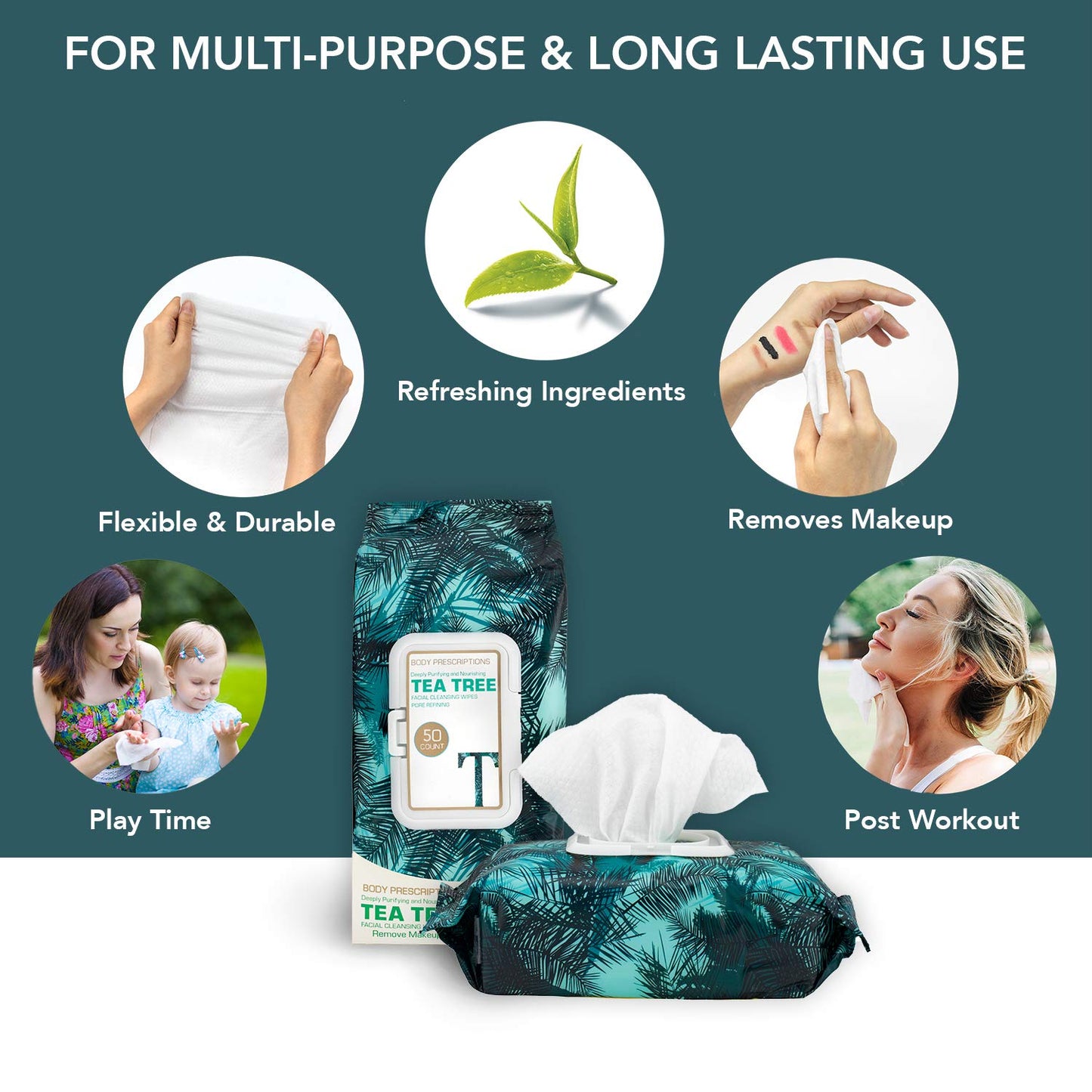Body Prescription Makeup Cleansing Wipes - Gentle Face Wipes with Tea Tree & Vitamin C | 50 Count Pack of 4