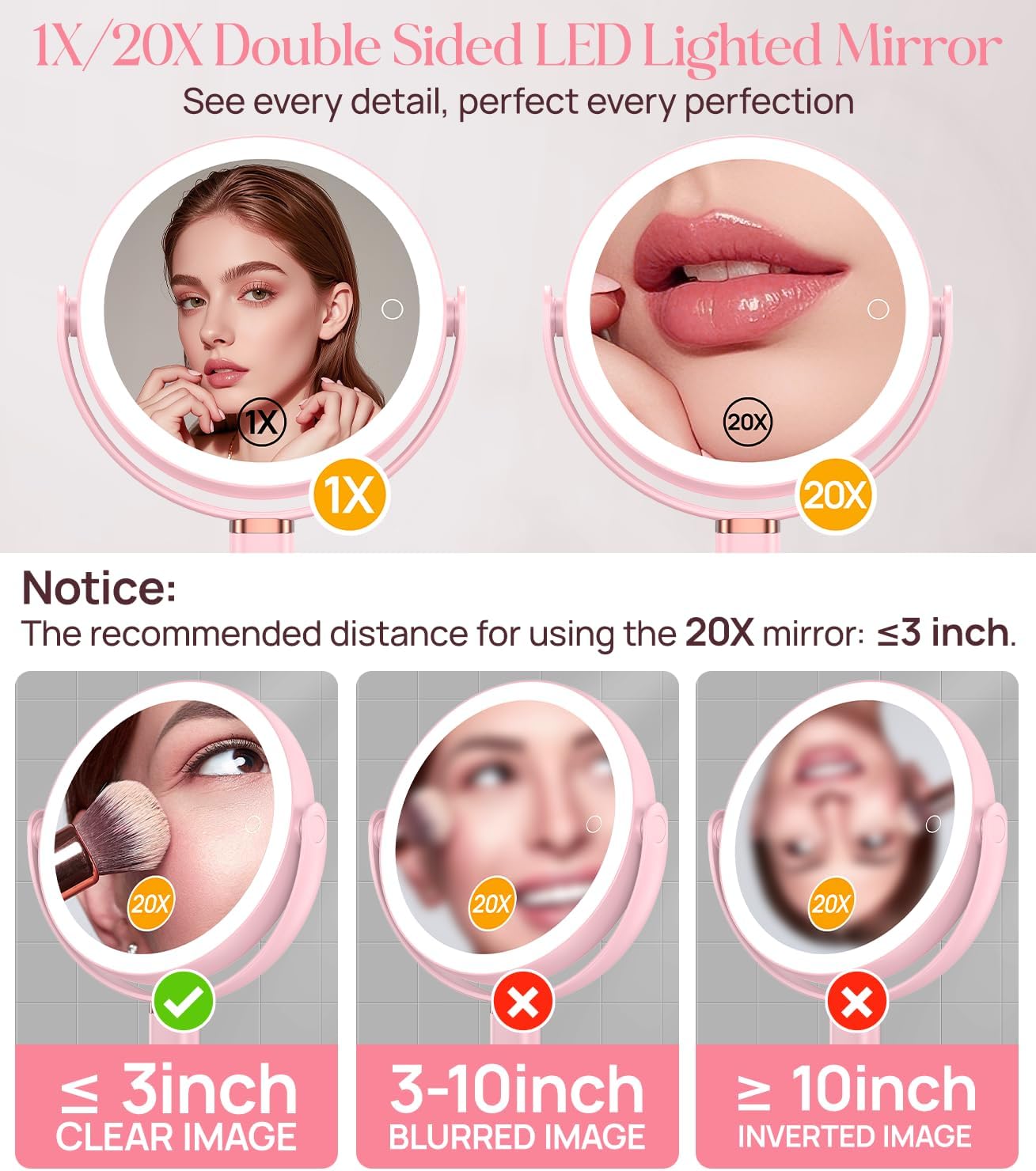 Gospire 20X Magnifying Makeup Mirror with Lights - Adjustable Height, 4000mAh Rechargeable Battery, 3 Dimmable Colors | Pink