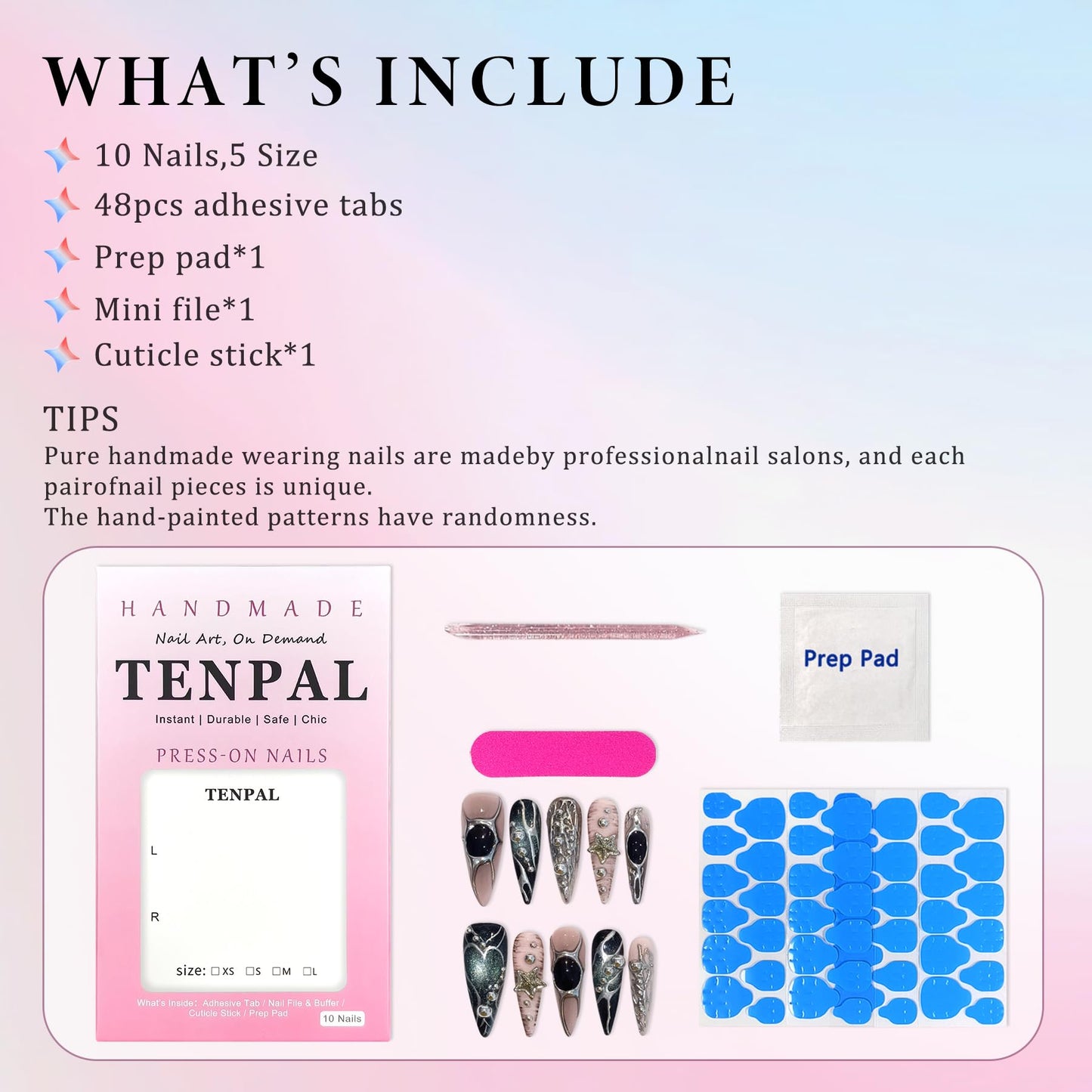 TENPAL Pink Black Press on Nails Long Stiletto,Metal Gothic Fake Nails with Punk Stars Beads,Cat Eye Glitter Edgy Y2K Ins False Nails with Tools,Sweet Grunge Irregular 3D Handmade Nails 10pcs(S)