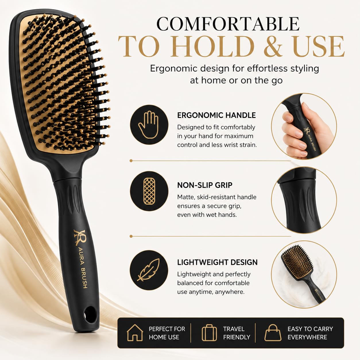 Aura Brush Professional Detangling Hair Brush for Wet & Dry Hair – Pain-Free Detangler for Thick, Curly, Straight & Wavy Hair – Ergonomic Paddle Brush