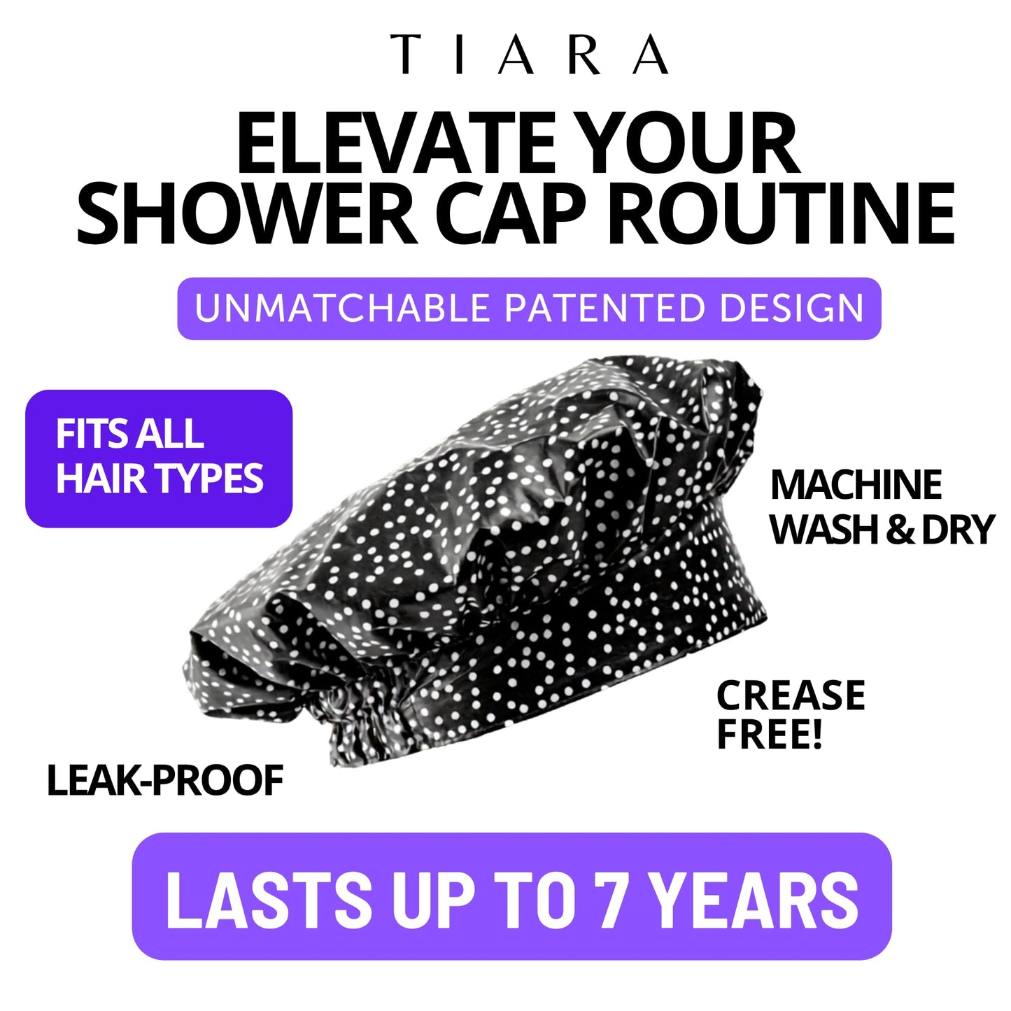 TIARA Reversible, Reusable, Waterproof Shower Cap – Large Shower Cap for Long. Short, Braided, or Thick Hair, Reversible Deep Conditioning Hair Cap, Soft Terry Lined, Machine Washable (Black Dots)