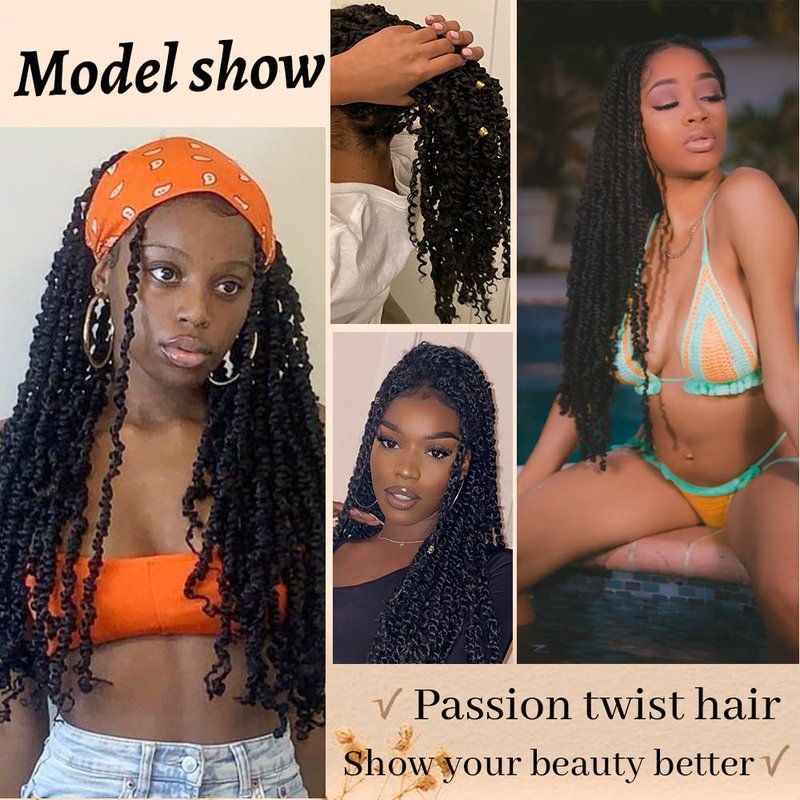ShowCoco 8 Packs Passion Twist Hair Water Wave Braiding Hair Curly Passion Twist Crochet Hair Braiding Hair Synthetic Hair Extension (22 Inch, #1B)