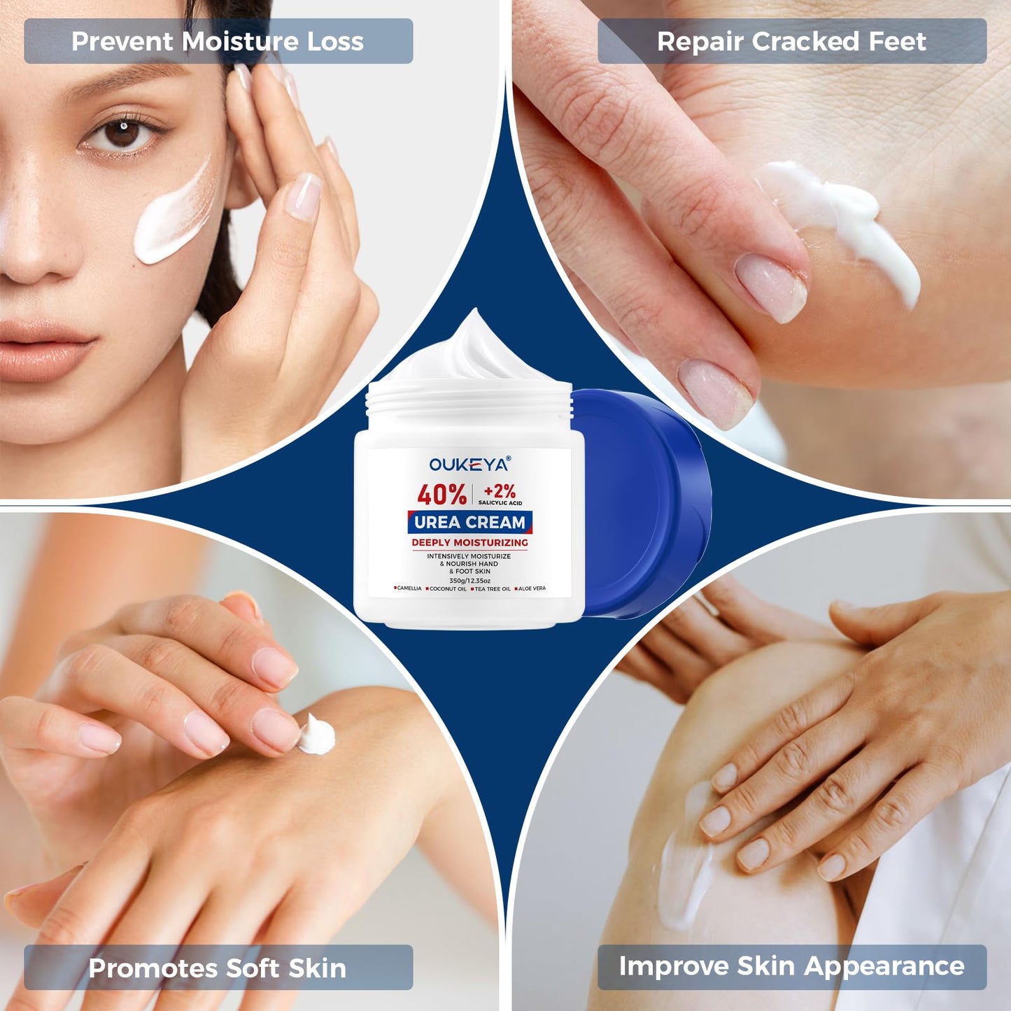 OUKEYA Urea Cream 40% with 2% Salicylic Acid Intensive Foot, Hand & Body Cream for Very Dry, Cracked, Rough Skin on Heels, Knees & Elbows (12.35 Ounce)
