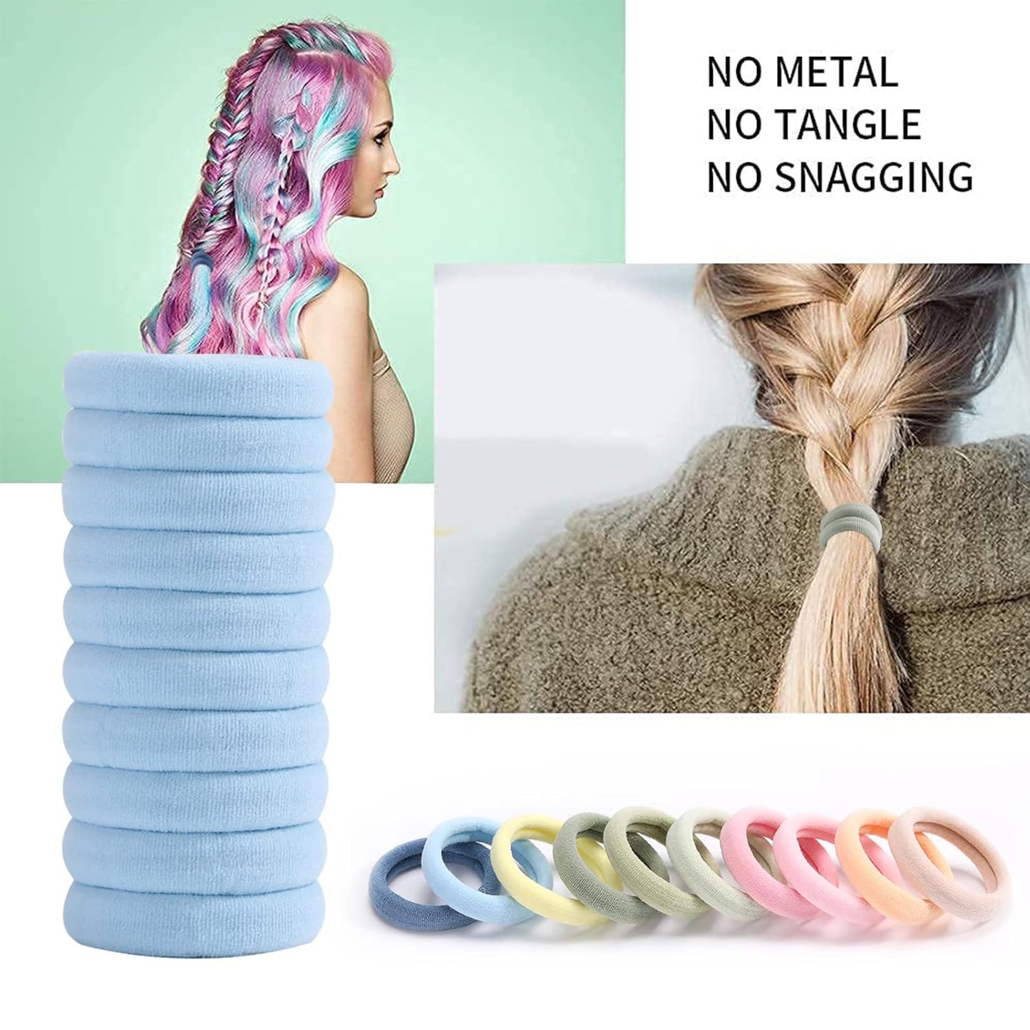 100PCS Black Hair Ties for Women, No Crease No Damage, Seamless Cotton Bands for Thick Thin Hair, Soft Ponytail Holders, Accessories for Girls
