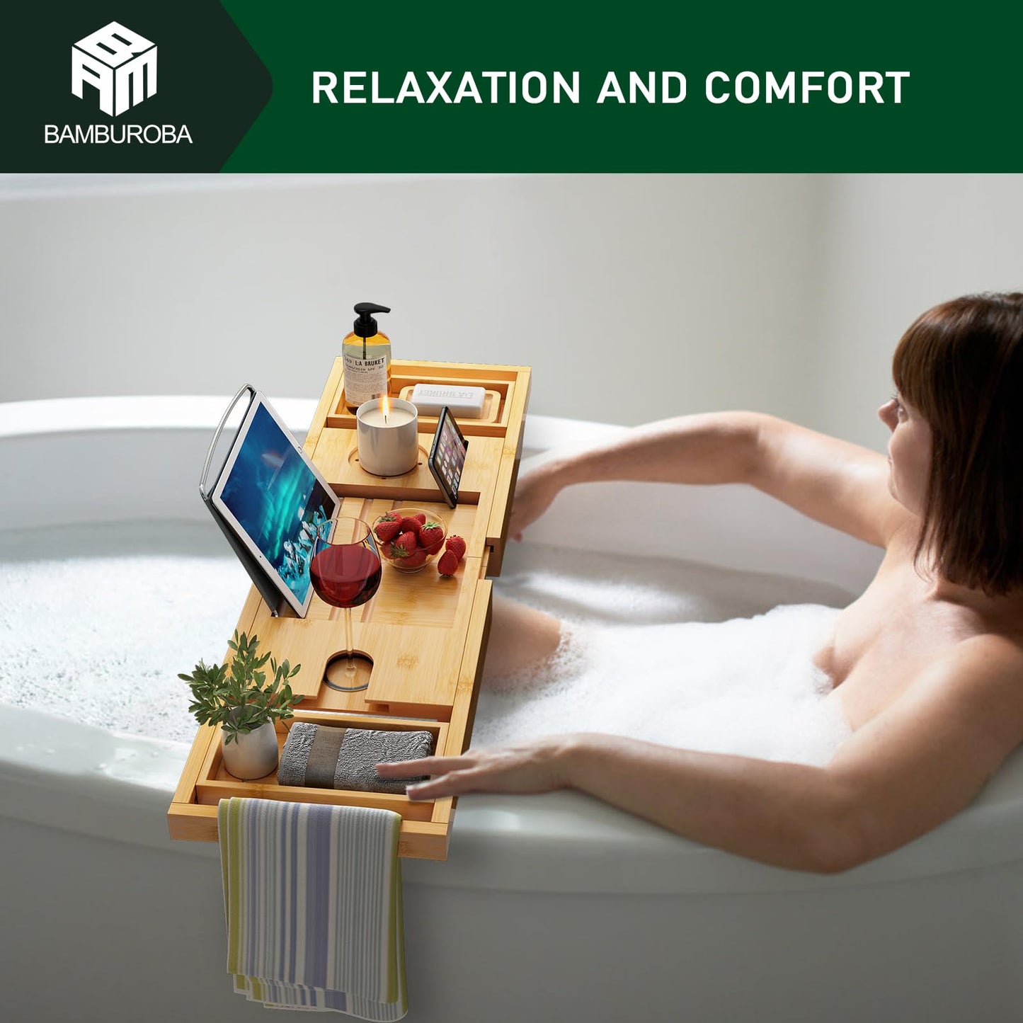 Bamboo Bathtub Caddy Tray Expandable for Luxury Bath, Bath Accessories & Table with Wine Glass Holder, Book Stand Bathroom Organizer with Extending Sides for Men/Women,Black