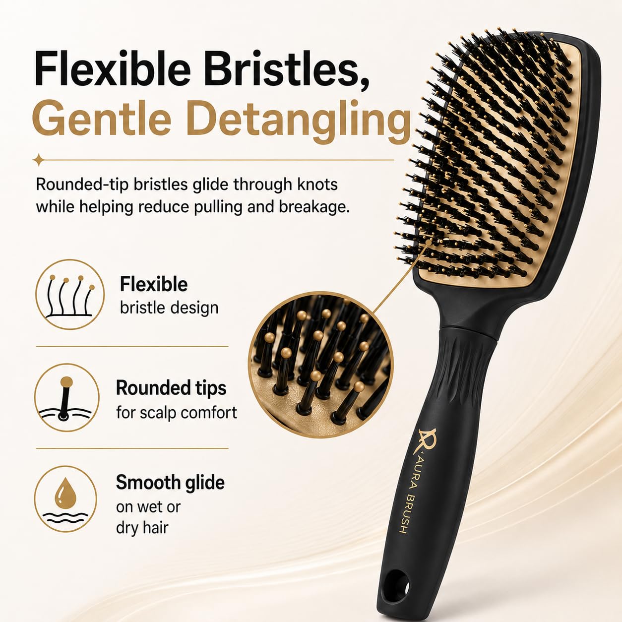Aura Brush Professional Detangling Hair Brush for Wet & Dry Hair – Pain-Free Detangler for Thick, Curly, Straight & Wavy Hair – Ergonomic Paddle Brush