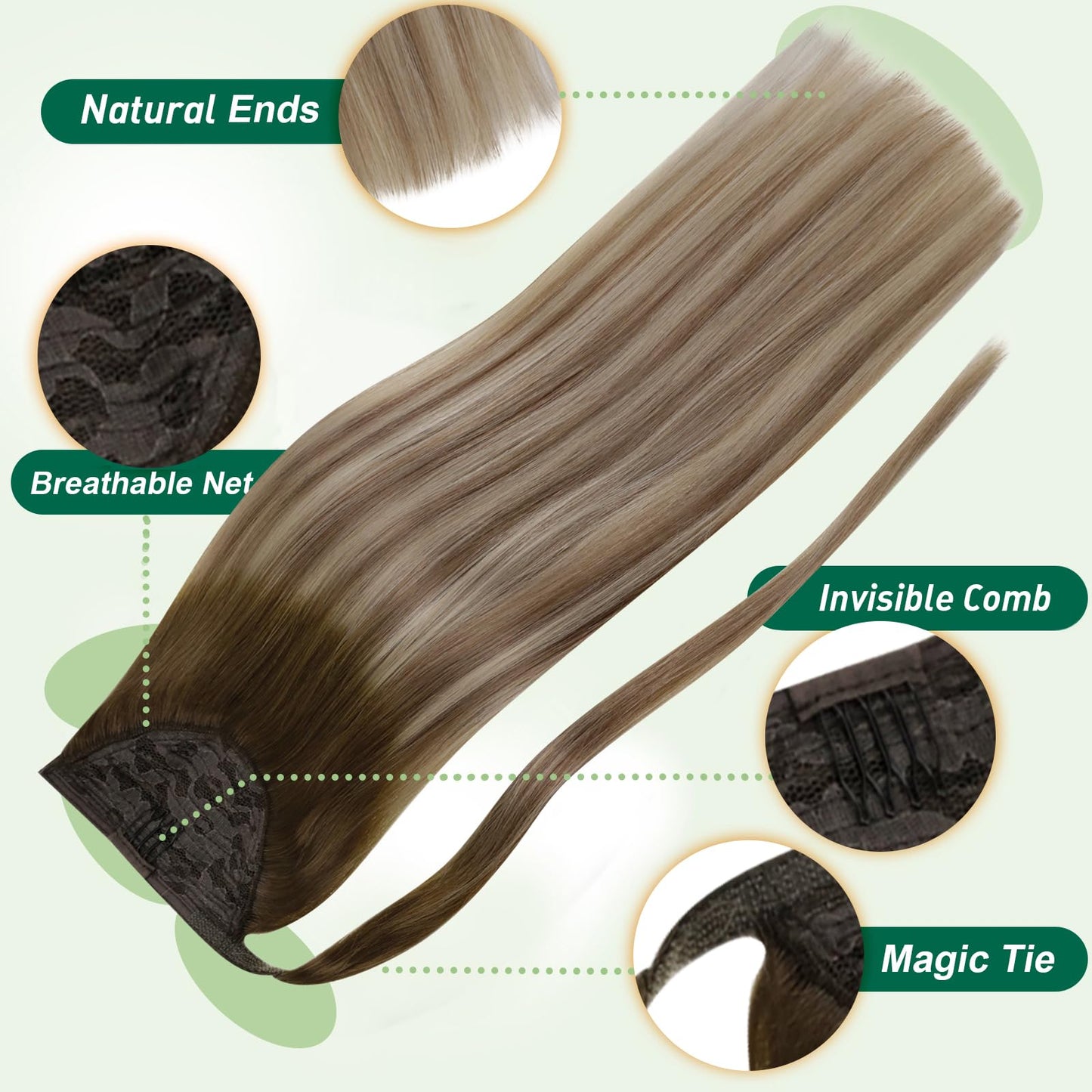 Easyouth Ponytail Extension Human Hair 12 Inch 70G Ombre Brown Human Hair Ponytail Extension for Women Short Lengths Balayage Dark Brown to Light Brown with Blonde Add Volume