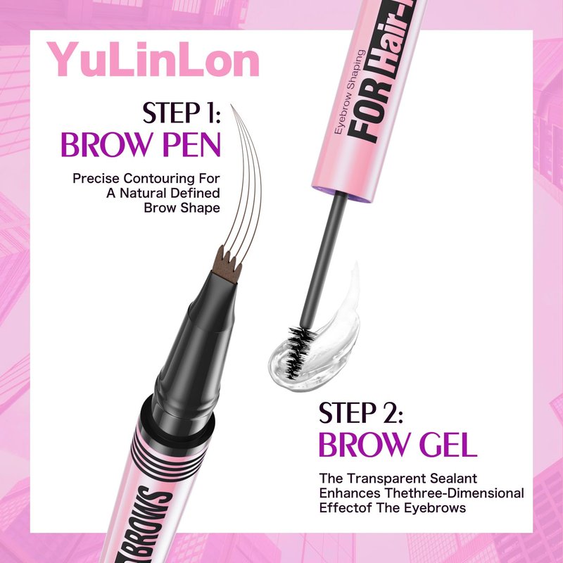 YuLinLon 2-in-1 Eyebrow Pen and Gel, 4-Tip Head Ultra-Precise, Hair-Like Strokes, 5 Natural Shades, Waterproof Brow Shaping Kit (03# DARK BROWN)