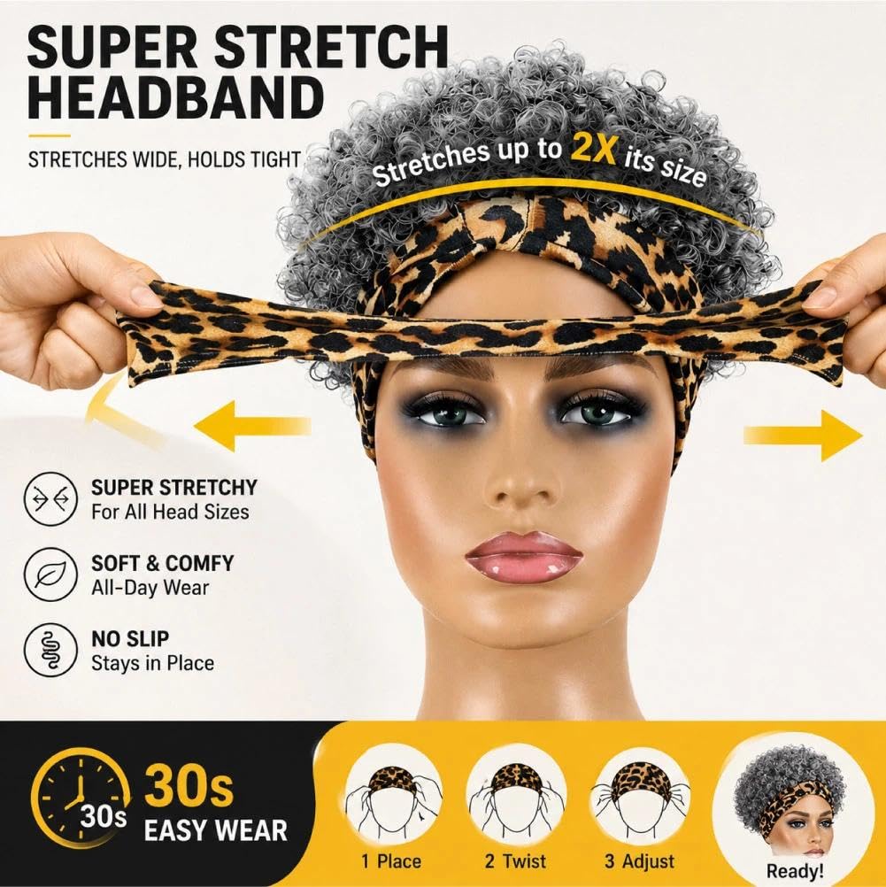 Allyreetress Salt and Pepper Headband Wig Short Curly Wigs with Headbands Attached for Black Women Synthitic Kinky Curly Afro Puff No Drawstring Wig Headwrap Hairstyles With 2 Clips(T1B/Grey)