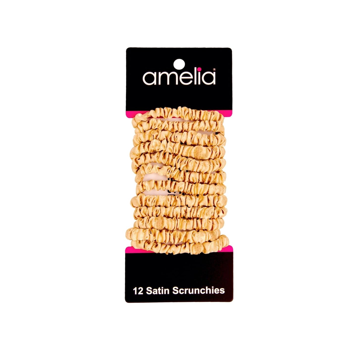 Amelia Beauty, Black, Skinny Satin Scrunchies, 12 Pack – 2in Diameter, Gentle & Strong Hold, No-Snag, No-Dent, Crease-Free Hair Ties